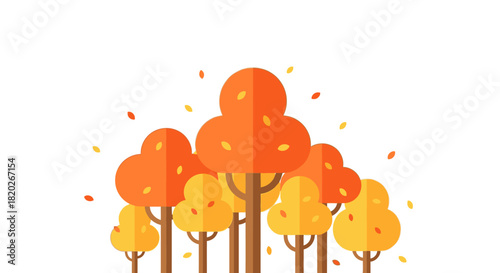 Flat design illustration of autumn trees with falling leaves in warm orange and yellow colors.