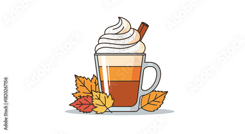 A delicious autumn-themed pumpkin spice latte with whipped cream and cinnamon stick.
