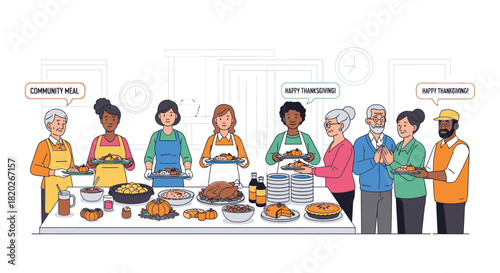 Volunteers serving Thanksgiving meals at a community event.