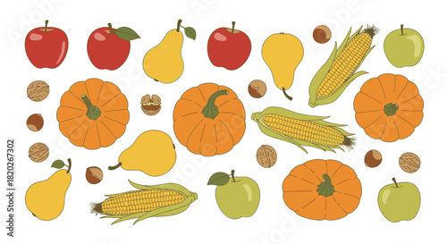 A vibrant illustration showcasing a collection of autumn harvest fruits and vegetables, perfect for seasonal themes.