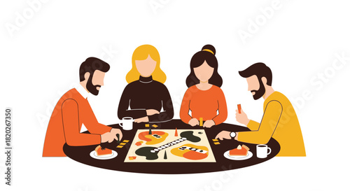 A group of four friends, two men and two women, enjoy playing a board game at a table with coffee and cake.