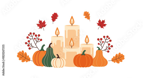 Thanksgiving-themed illustration featuring lit candles, pumpkins, berries, and autumn leaves, creating a warm and festive atmosphere.