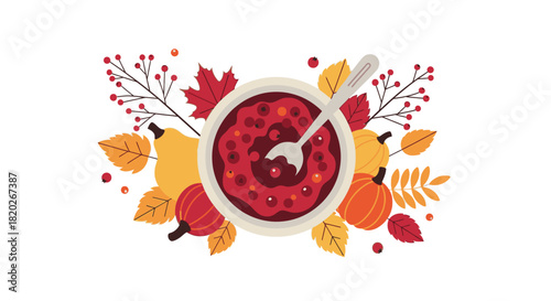 Top view of a bowl of cranberry sauce surrounded by autumn leaves, pumpkins, and berries on a white background.