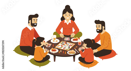 A happy family of five enjoys a board game together around a low table with snacks and drinks.