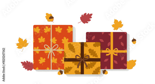Three autumn-themed gift boxes decorated with fall leaves and acorns, surrounded by falling leaves.