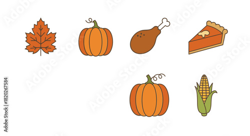 A collection of autumn and Thanksgiving holiday icons including a maple leaf, pumpkins, turkey leg, pumpkin pie, and corn.