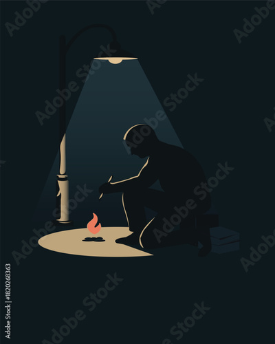 man sitting under streetlight with firecamp