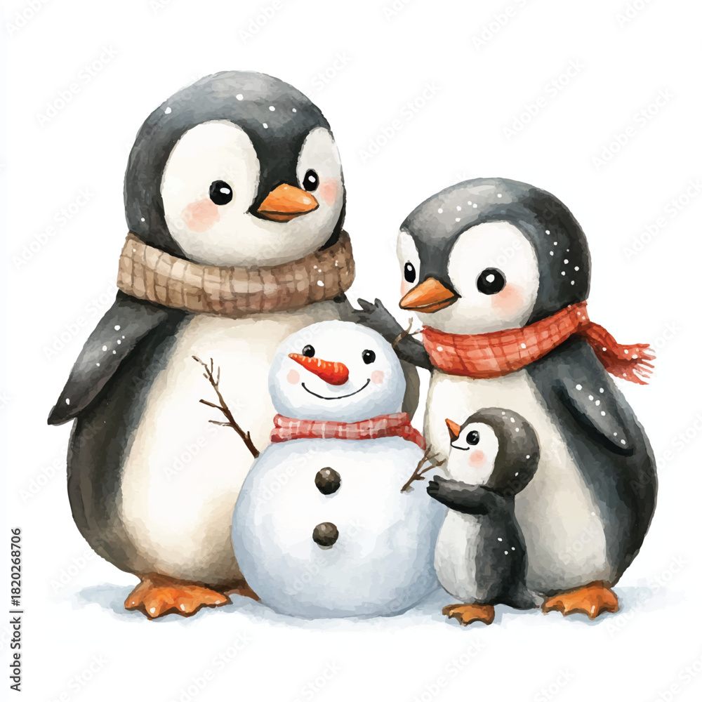 Fototapeta premium a cute Penguin family building a snowman