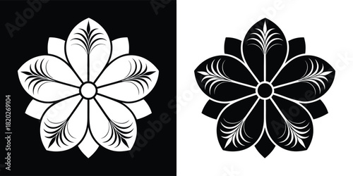 A stylized fivepetal flower emblem, presented in both positive and negative versions against contrasting backgrounds