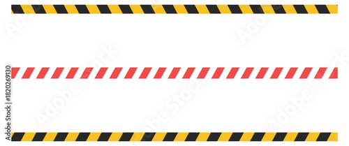 Warning Diagonal Stripes Vector Set in Yellow, Black, and Red, Safety Caution Hazard Tape, Danger Road Sign Ribbon, Long Stripe Border Illustration