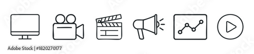 Collection of essential media and business icons. Useful for websites, apps, and presentations related to content creation, marketing, and analytics.
