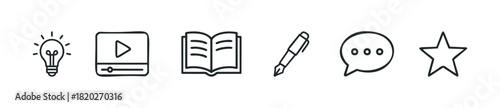 Six minimalist line icons symbolizing key concepts like ideas media learning writing communication and recognition suitable for digital platforms and services.