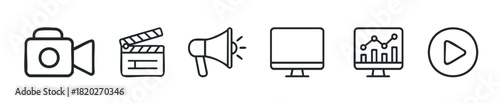 Set of line art icons for video, announcement, computer, chart, and playback, useful for media production and business analytics presentations.