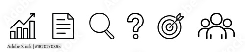 Set of business icons including graph document magnifying glass question mark target and people group for use in presentations reports and marketing materials.