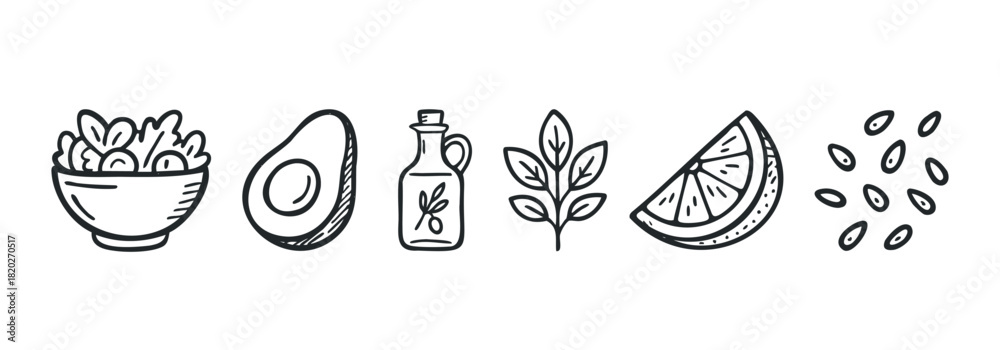 Fototapeta premium Simple line drawings of salad ingredients like greens avocado olive oil herbs lemon and seeds a great visual for food blogs healthy eating and recipe content.