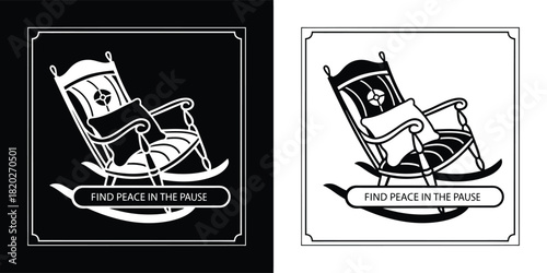 Vintage rocking chair with a pillow and a banner at the bottom with text