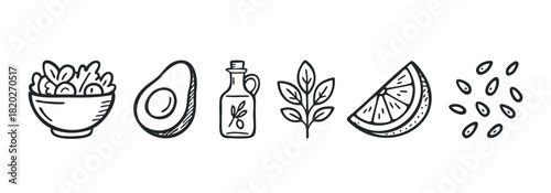 Simple line drawings of salad ingredients like greens avocado olive oil herbs lemon and seeds a great visual for food blogs healthy eating and recipe content.