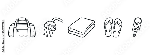 Collection of travel items bag, shower, towel, flip flops, and key. Ideal for hotel, vacation, or travelrelated projects.