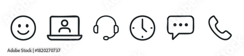 Set of simple black and white icons for online services happy face, video call, support headset, time, message bubble, and phone call, useful for various applications.