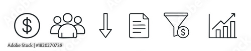 Set of business and finance icons representing money, team, data, and process. Useful for digital presentations, web pages, and infographics.