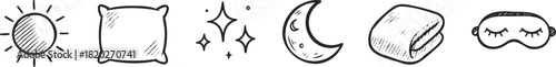 A collection of handdrawn icons representing day, comfort, dreams, and night, perfect for illustrating sleep, rest, and bedtime themes.