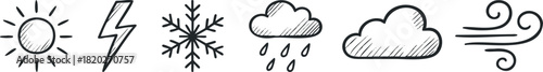 A collection of handdrawn weather icons representing sunshine, lightning, snow, rain, and wind. Useful for meteorological information and forecasts.