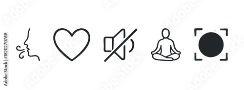 Icons symbolize breathing, heart, mute, yoga, and recording. Perfect for apps, wellness content, and digital interfaces.