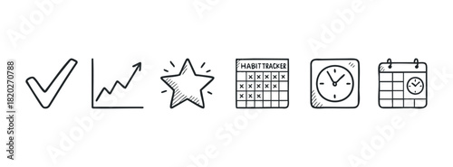 Collection of simple handdrawn icons symbolizing achievements, progress, habit tracking, and time awareness, perfect for planning and organization concepts.