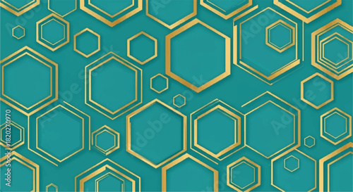 Elegant Teal and Gold Outline Hexagonal Grid Background