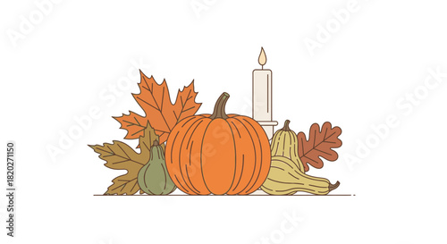 An autumn still life illustration with a pumpkin, gourds, fall leaves, and a lit candle on a white background.