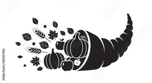 A black and white illustration of a cornucopia overflowing with autumn harvest symbols like pumpkins, apples, and leaves.