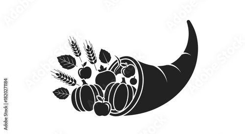 A black silhouette of a cornucopia filled with autumn harvest produce like pumpkins, apples, leaves, and wheat.