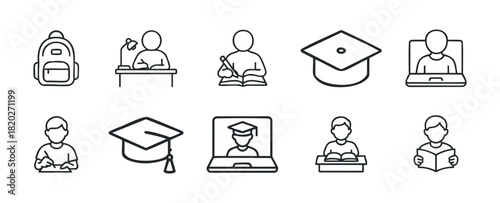 Educational icons illustrating school and study themes. Use for academic content, learning platforms and backtoschool promotions.