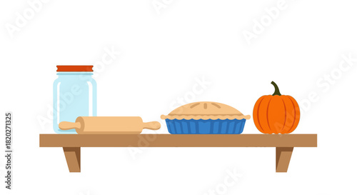 Shelf with jar, rolling pin, pie, and pumpkin illustration.