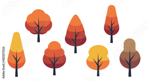 A collection of seven stylized autumn trees with colorful orange, red, and yellow foliage on a white background.