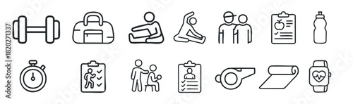 Fitness and health icons set for sports and wellness content. Perfect for gym promotions, health apps, and active lifestyle themes.
