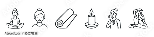 Set of minimalist line icons showing yoga poses, meditation, and a lit candle, perfect for wellness content and selfcare promotion.