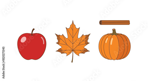 A red apple, an orange maple leaf, and a pumpkin with a cinnamon stick above it.