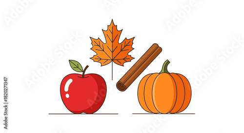 Autumn harvest elements illustration with apple, maple leaf, cinnamon stick, and pumpkin on white background.