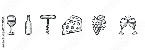 Set of sketched symbols for wine tasting and celebration. Ideal for menus, invitations, and digital media related to food and beverage enjoyment.