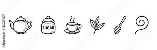 A set of simple line drawings including a teapot, sugar bowl, teacup, leaves, and a honey dipper, ideal for hospitality and culinary themes.