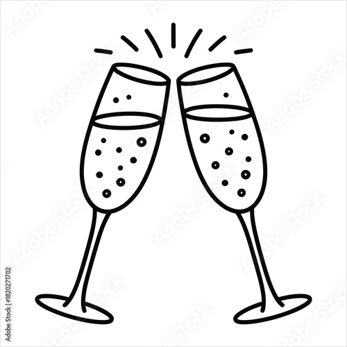 Toasting champagne glasses with bubbles create a celebration moment, all outlined on a transparent background
