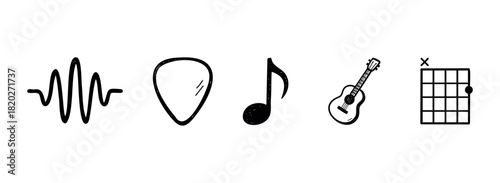 Collection of five handdrawn music related symbols. Use for websites, apps, or any creative content needing a musical theme.