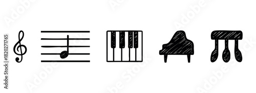 Collection of simple, sketched music icons such as a treble clef, staff, piano keys, grand piano, and pedals, ideal for educational materials or promotional content.