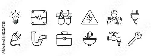Set of line art icons representing various repair and maintenance professions and tools. Ideal for websites, manuals, and service industry promotions.