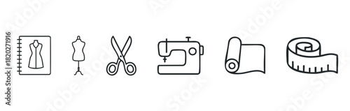 Set of sewing and tailoring tools like a notebook, mannequin, scissors, sewing machine, fabric roll, and tape measure for crafting and dressmaking.