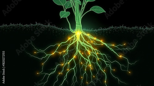 An X-ray view of plant roots unveiling a hidden glowing network weaving through the soil.