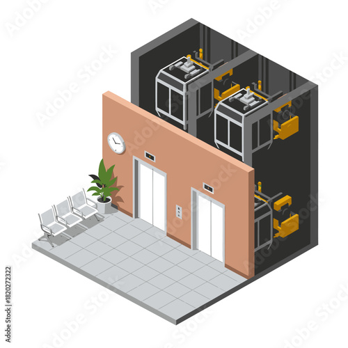 An isometric cutaway view exposes the dark elevator shafts and yellow machinery behind a beige lobby wall, where a potted plant and white chairs sit beside two closed elevator doors