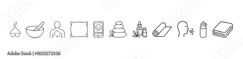 A set of simple line drawings depicts wellness and selfcare items for use in relaxation and healthy living contexts.