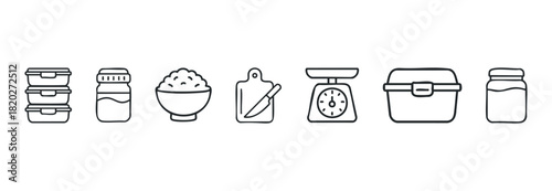 Line icons showcasing kitchenware and food storage items, perfect for meal planning, recipes, and culinary websites.